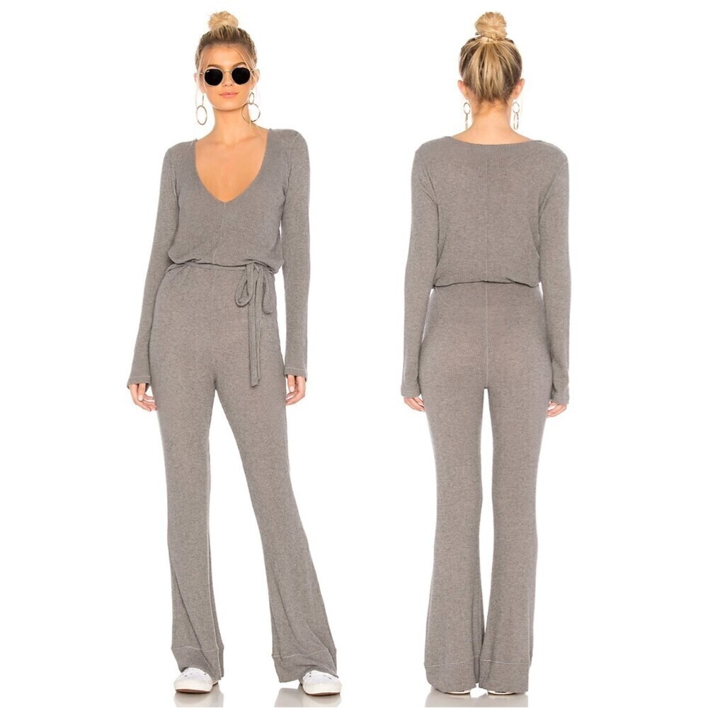 SPIRITUAL GANGSTER Cozy Ribbed Knit Long Sleeve Lounge Flared Leg Jumpsuit Small